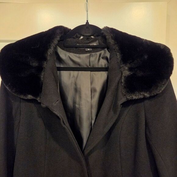Vintage Women's Wool Dress Coat Faux Fir Collar Black 3/4 Length Plus Size 16 - Picture 2 of 11